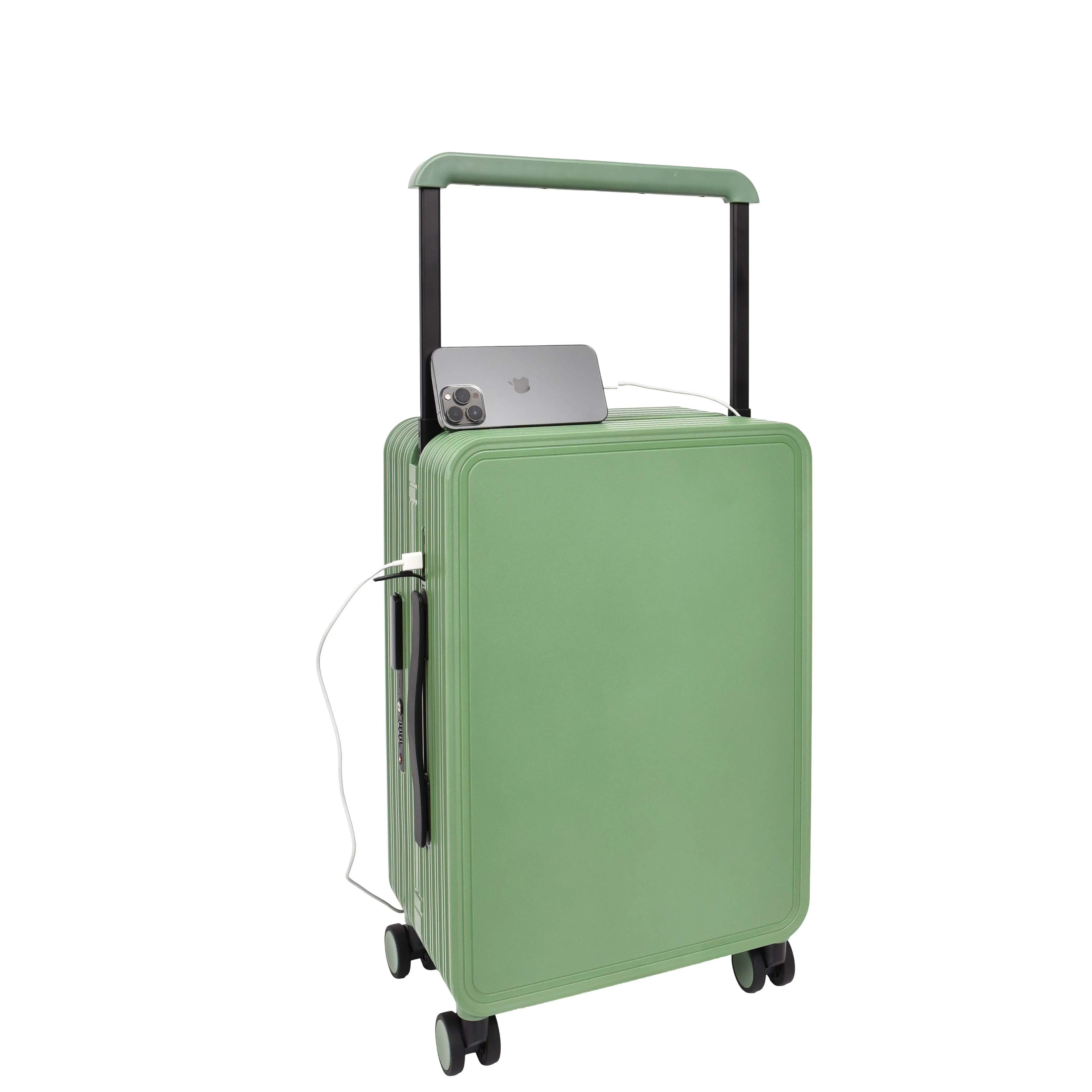 20 Cabin Size USB Port Suitcase Four Wheels Hard Shell Smart Luggage Expedition Green