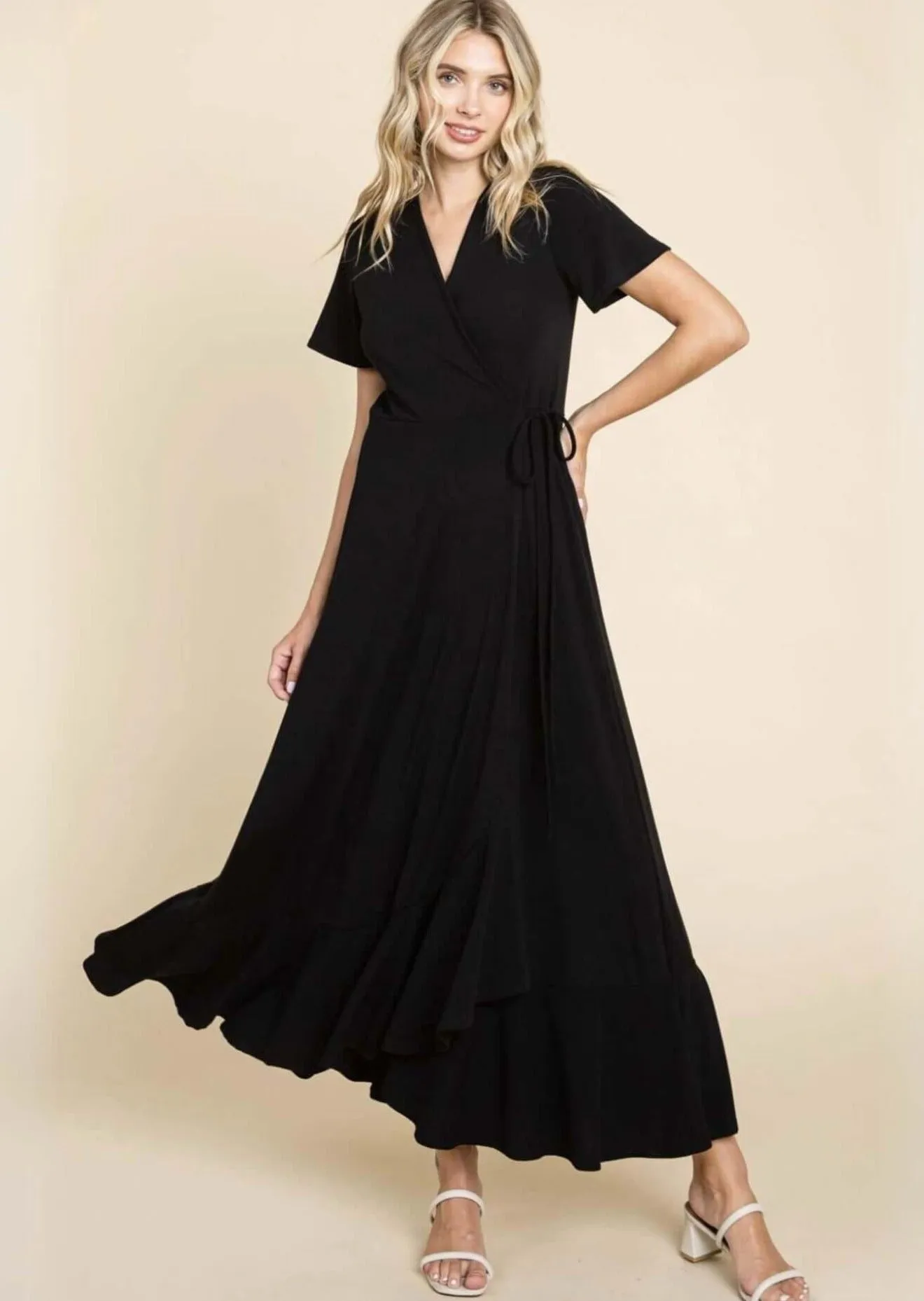 A Perfect Solution Black Wrap Style Maxi Dress Made in USA