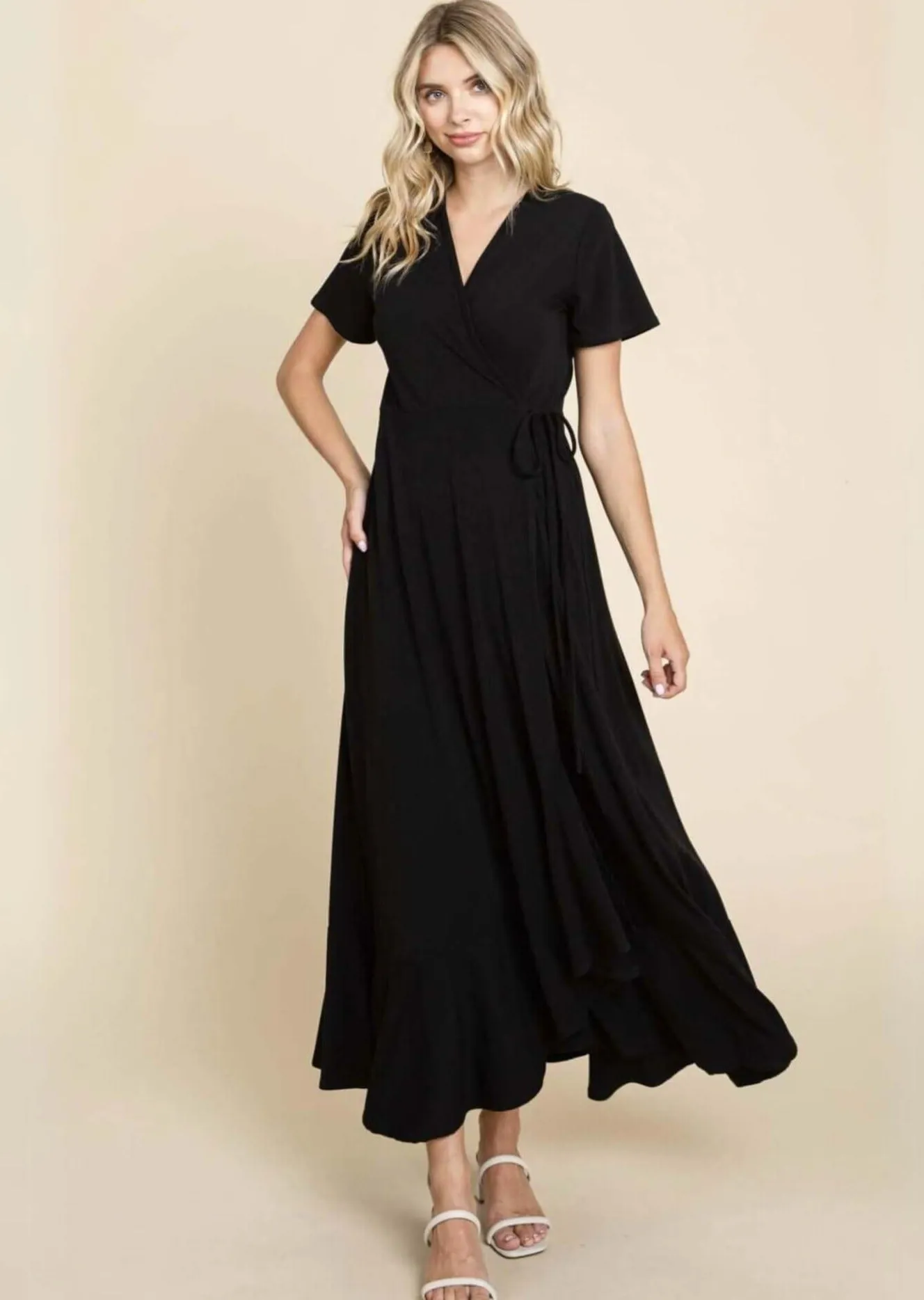 A Perfect Solution Black Wrap Style Maxi Dress Made in USA