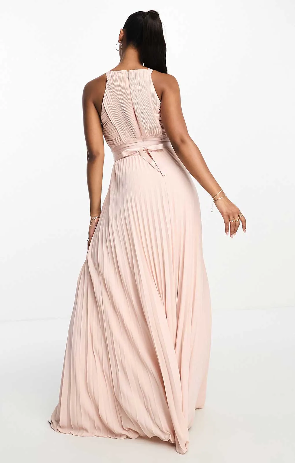 Asos Design Pleated Pinny Maxi Dress With Satin Wrap Waist In Pink