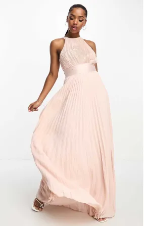 Asos Design Pleated Pinny Maxi Dress With Satin Wrap Waist In Pink