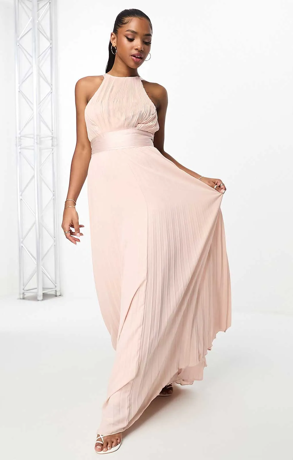 Asos Design Pleated Pinny Maxi Dress With Satin Wrap Waist In Pink