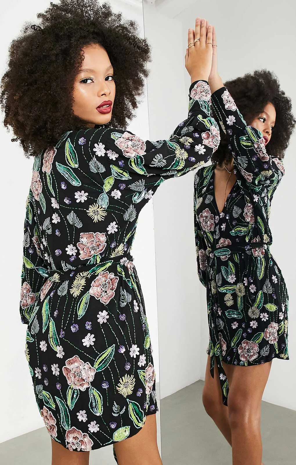 Asos Edition Floral Sequin Wrap Mini Dress In Black