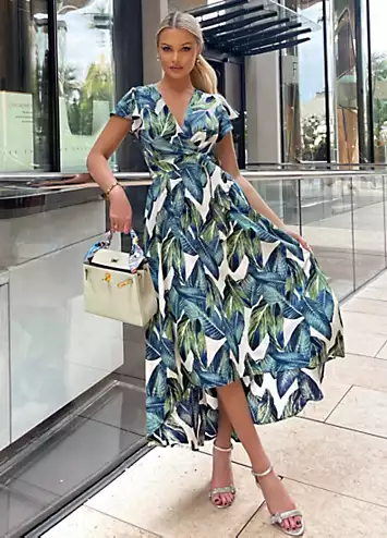 AX Paris Blue Leaf Print Short Sleeve Belted Wrap Midi Dress | Grattan