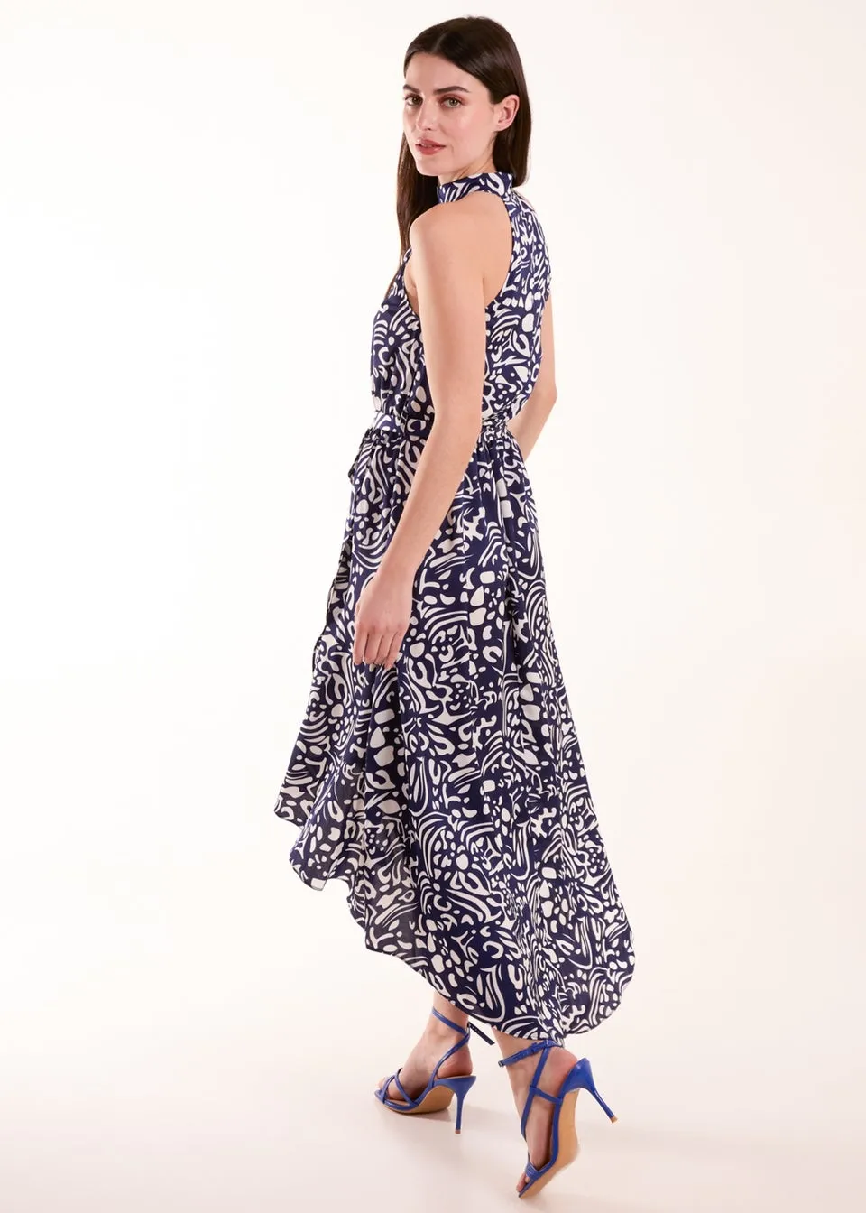 Blue Vanilla Navy Abstract Print Halter Neck Midi Wrap Dress