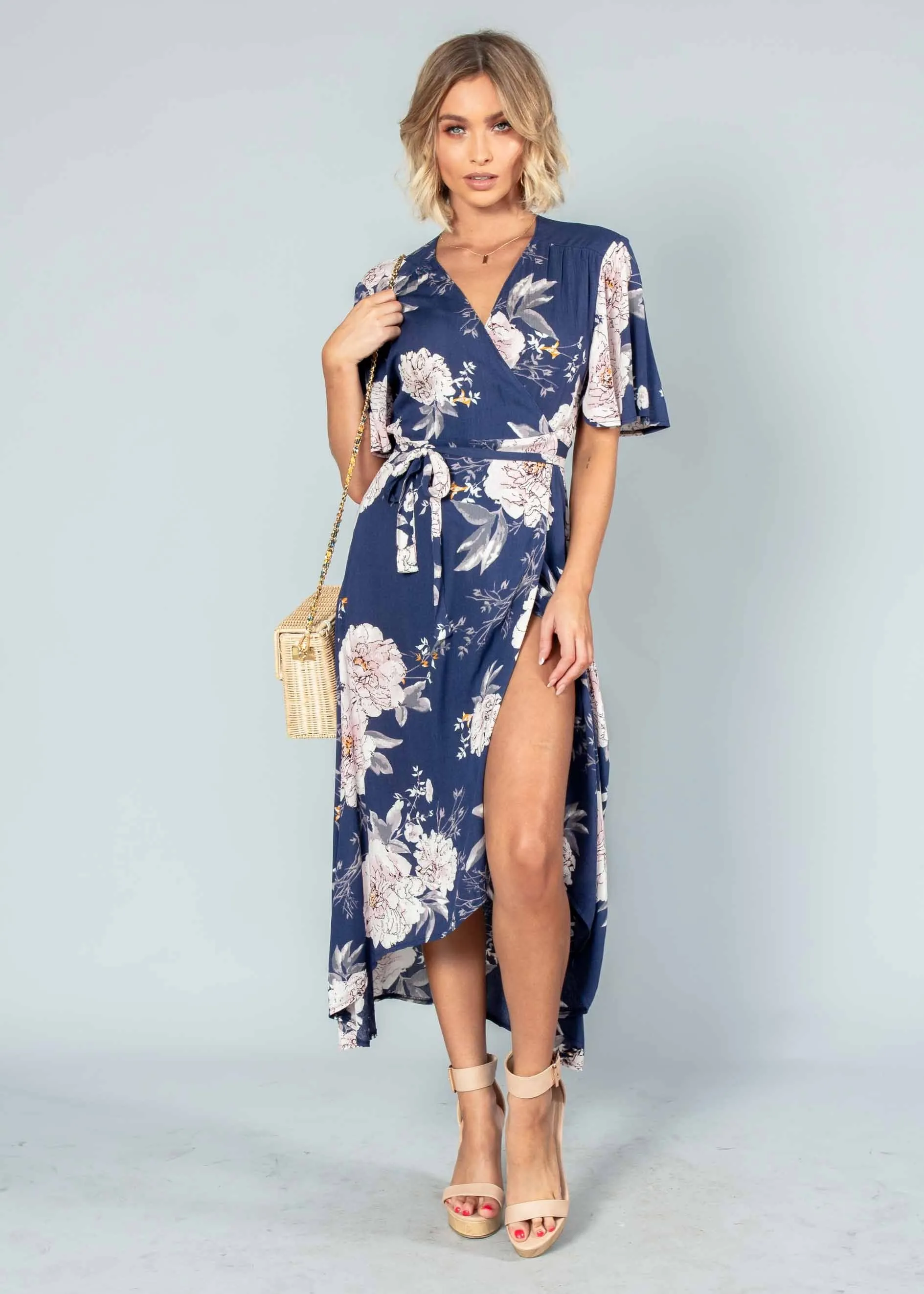 Born This Way Midi Wrap Dress - Navy Floral