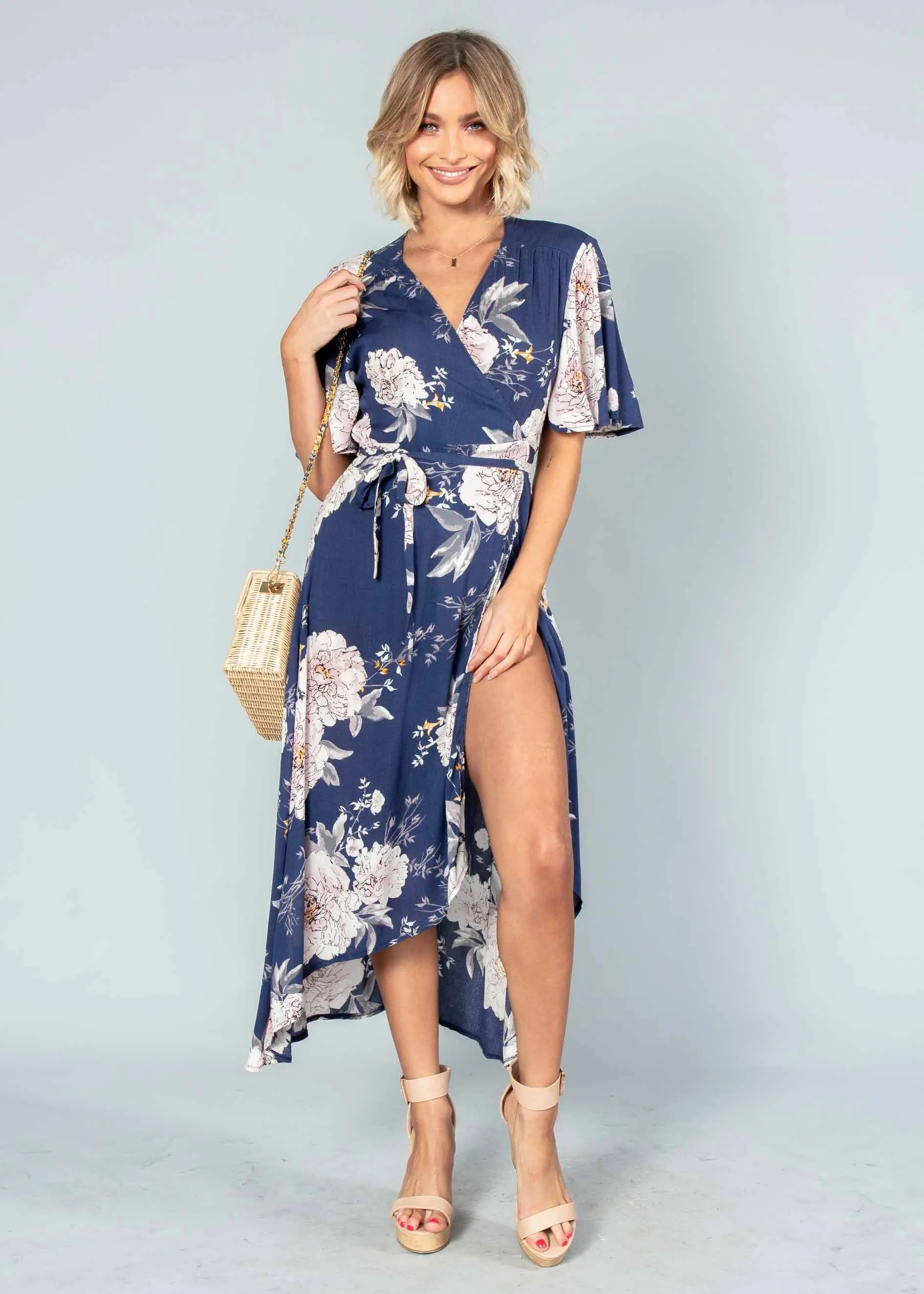 Born This Way Midi Wrap Dress - Navy Floral