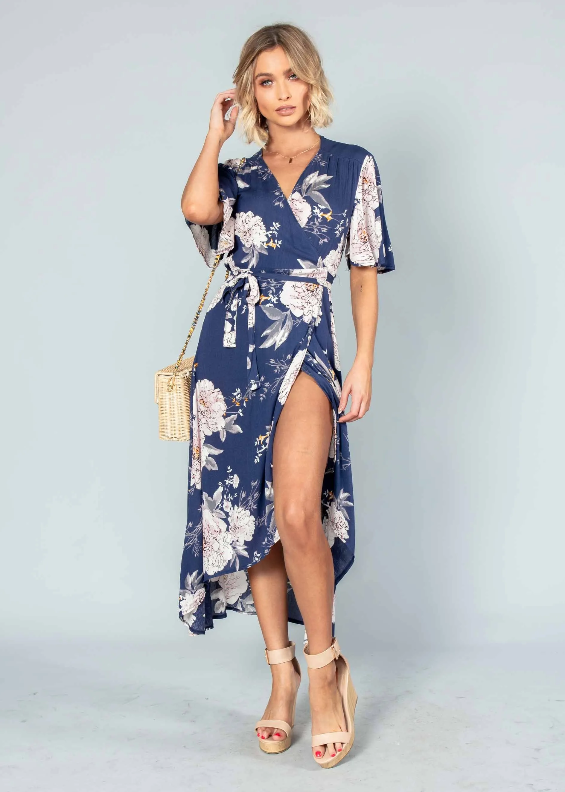 Born This Way Midi Wrap Dress - Navy Floral