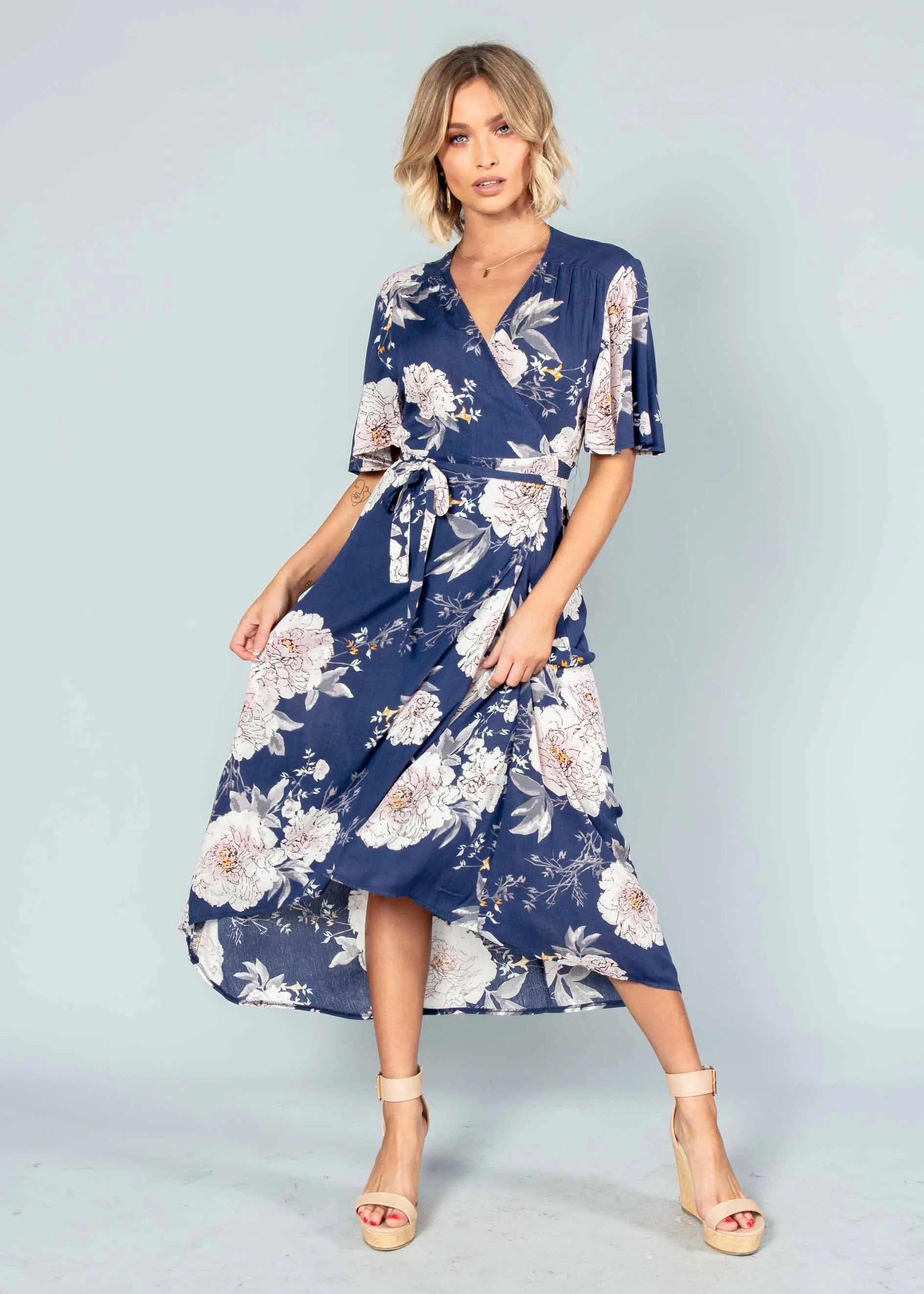 Born This Way Midi Wrap Dress - Navy Floral