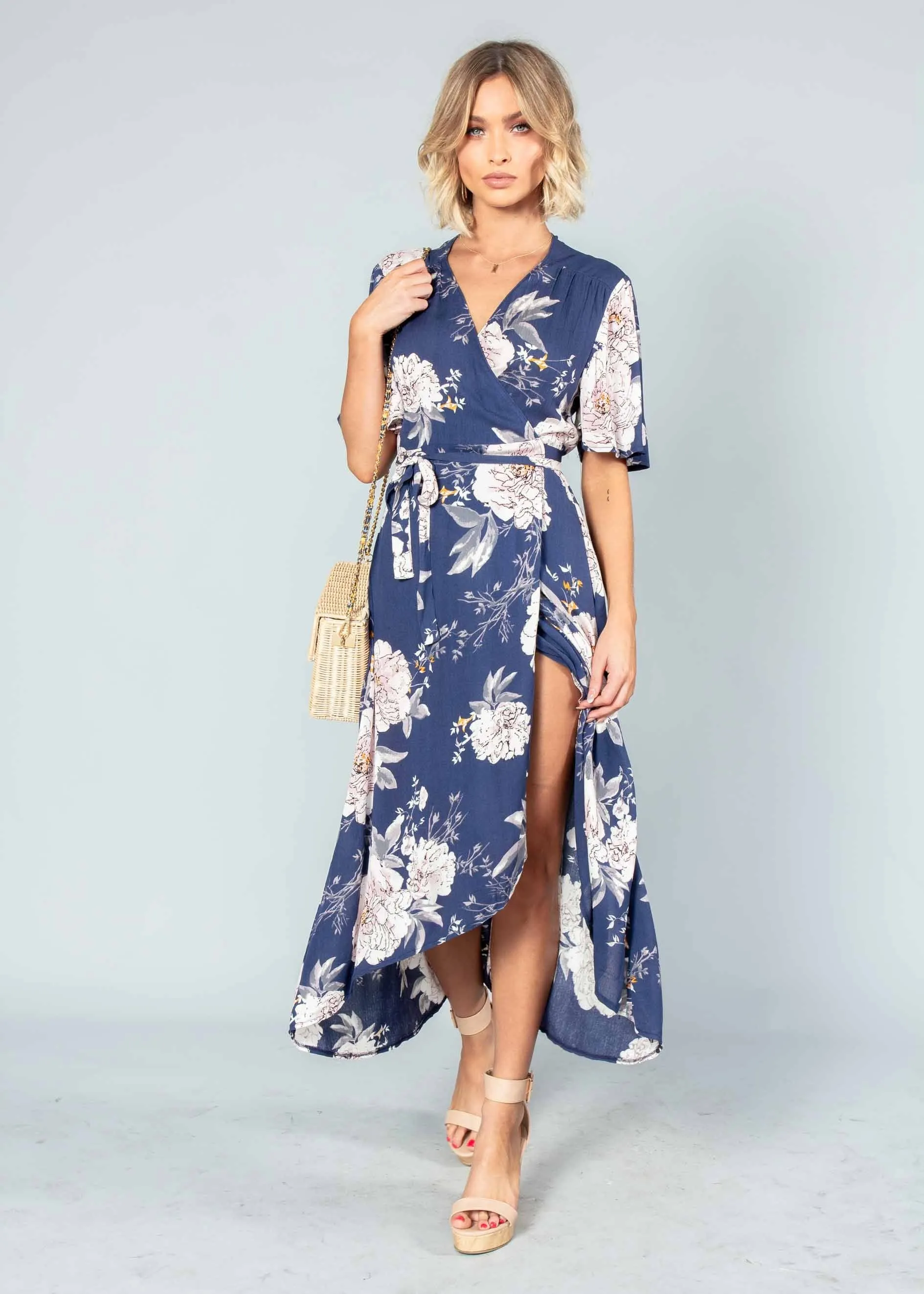 Born This Way Midi Wrap Dress - Navy Floral