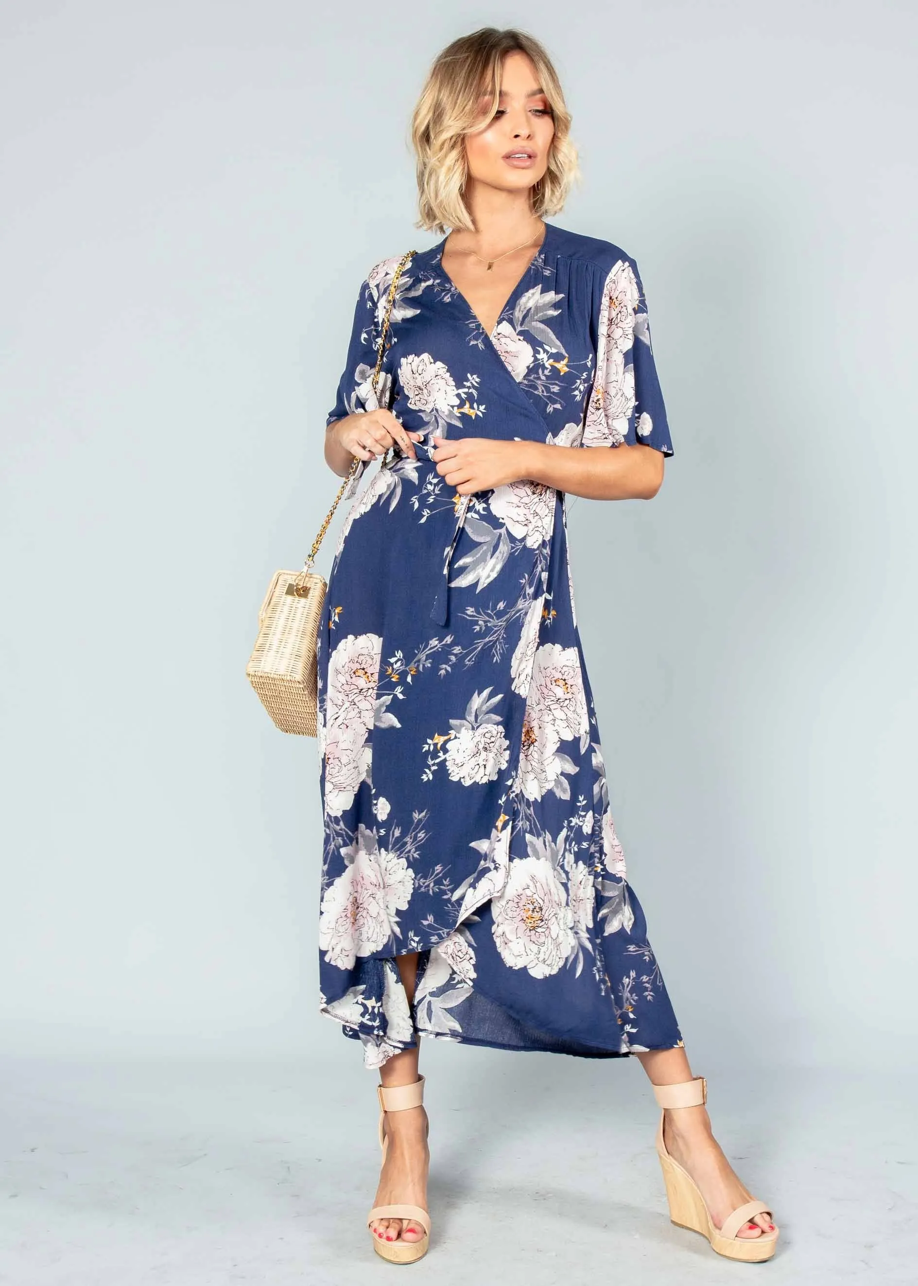 Born This Way Midi Wrap Dress - Navy Floral