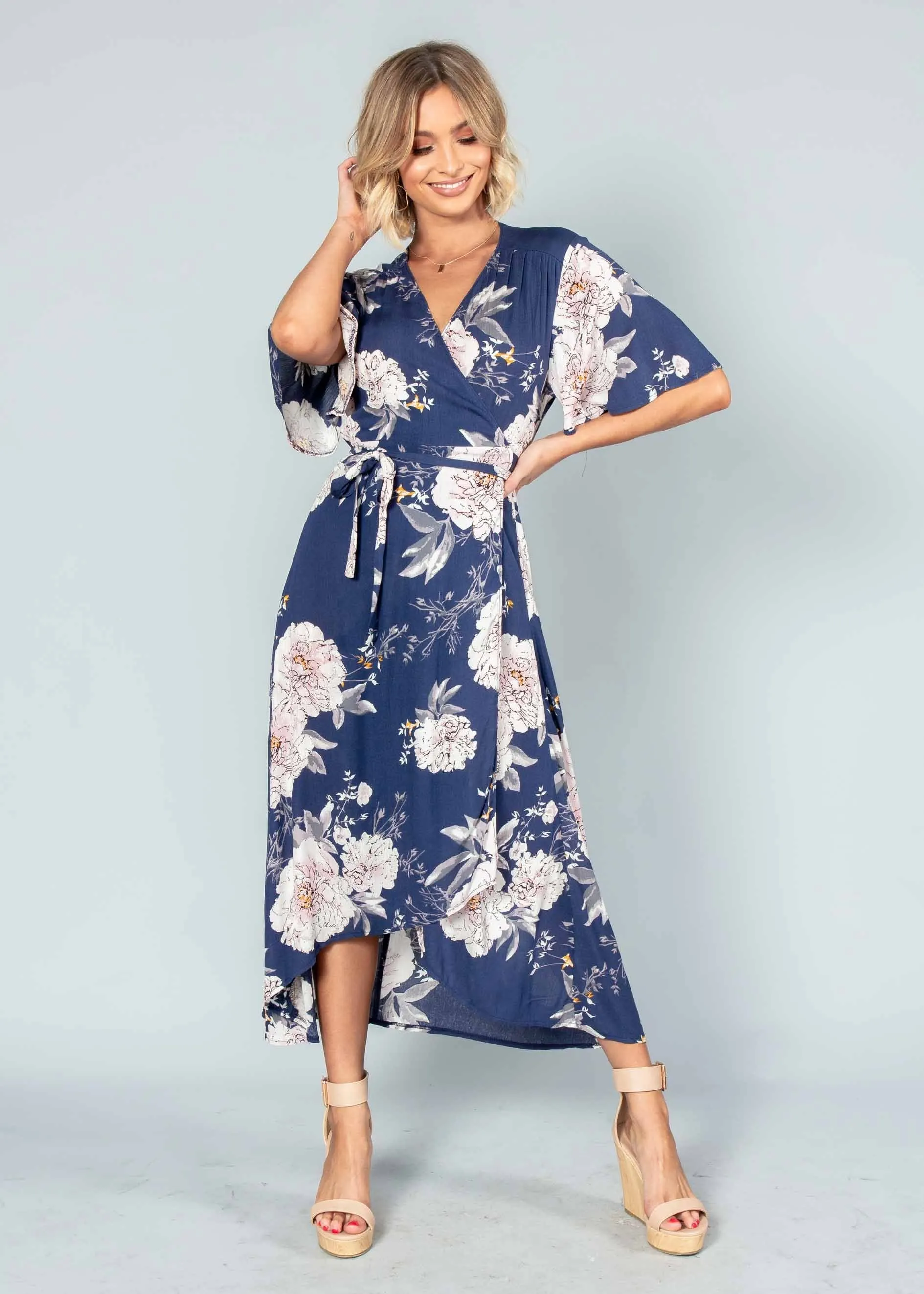 Born This Way Midi Wrap Dress - Navy Floral