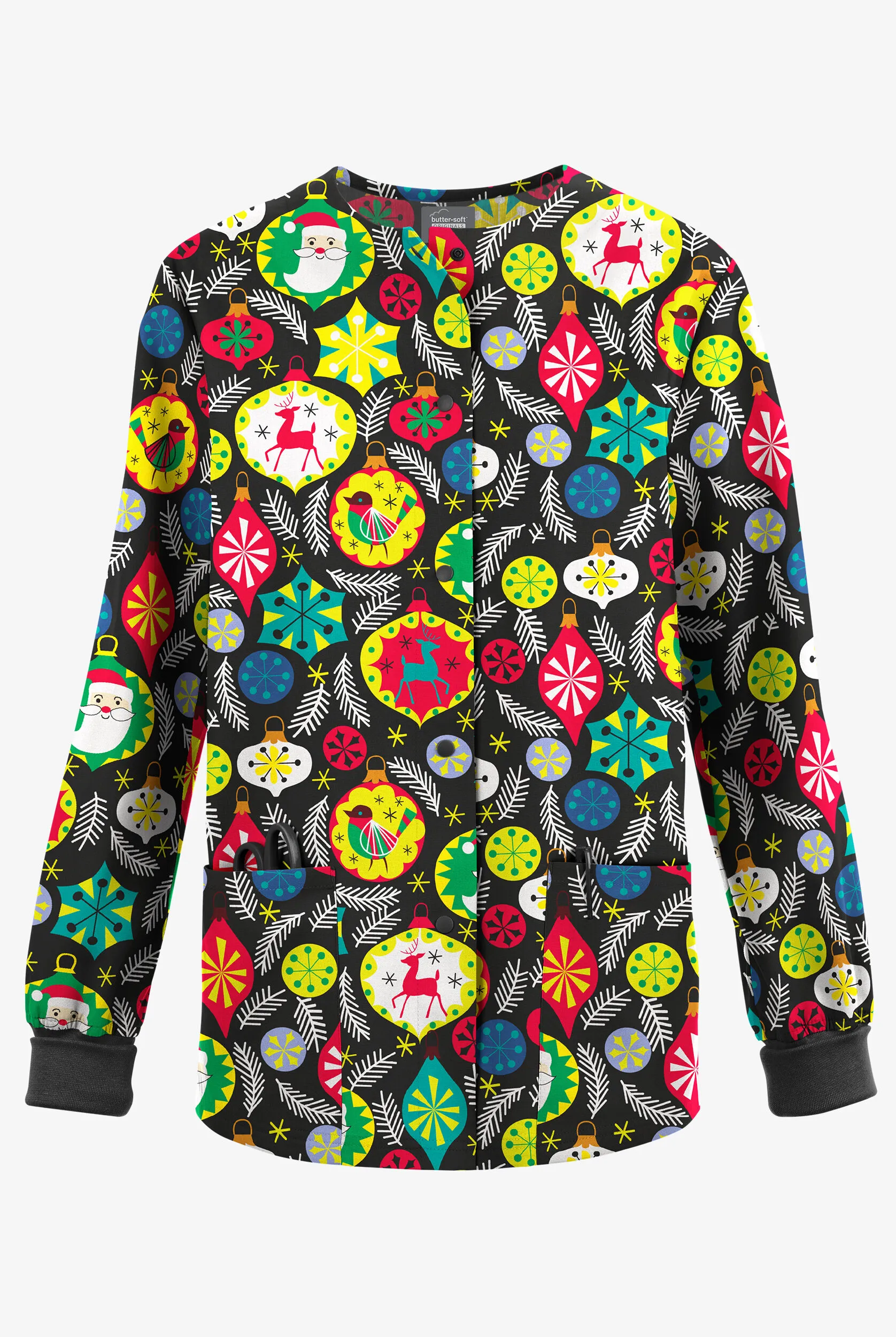 Butter-Soft Originals Jolly Baubles Print Women's 3-Pocket Warm-Up Scrub Jacket