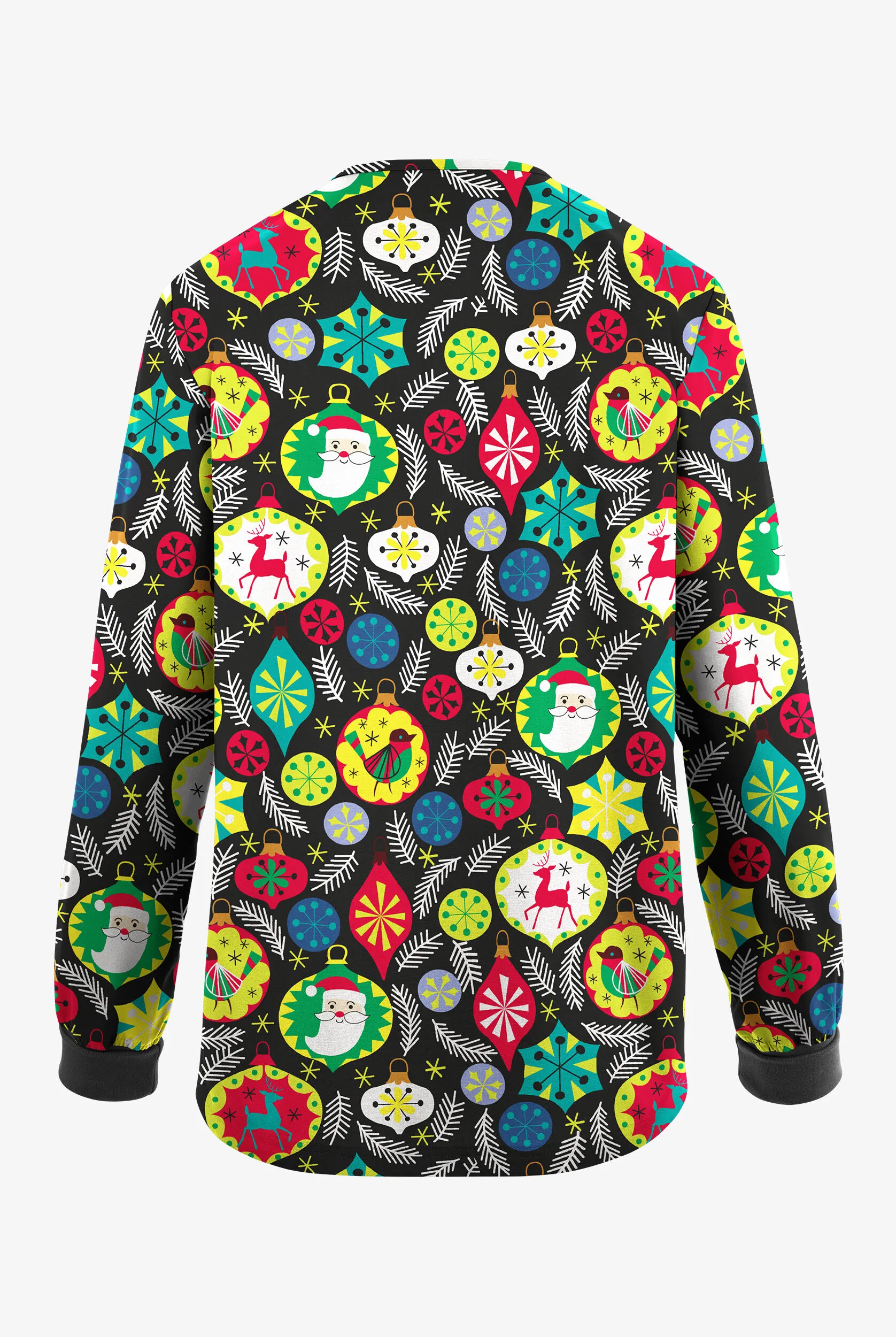 Butter-Soft Originals Jolly Baubles Print Women's 3-Pocket Warm-Up Scrub Jacket