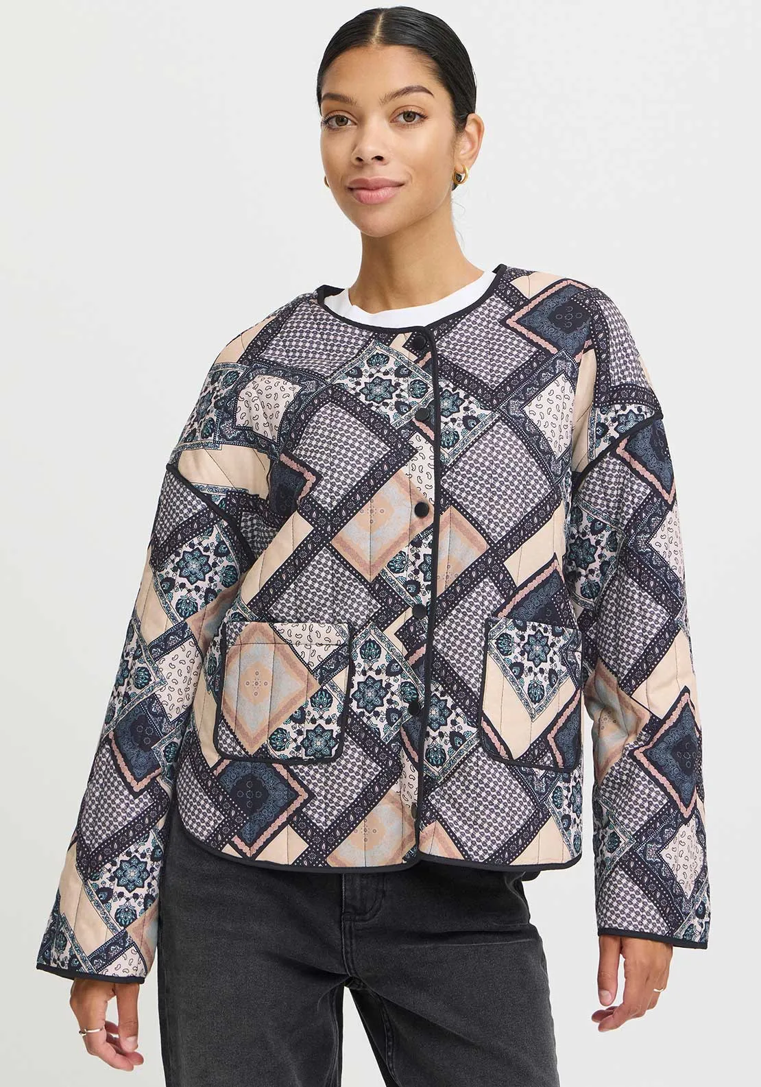 b.young Delight Printed Quilted Jacket, Black Multi