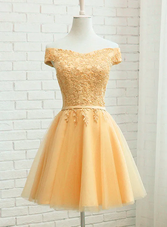 Champagne Tulle Short Lace Applique Bridesmaid Dress, Short Prom Dress Homecoming Dress