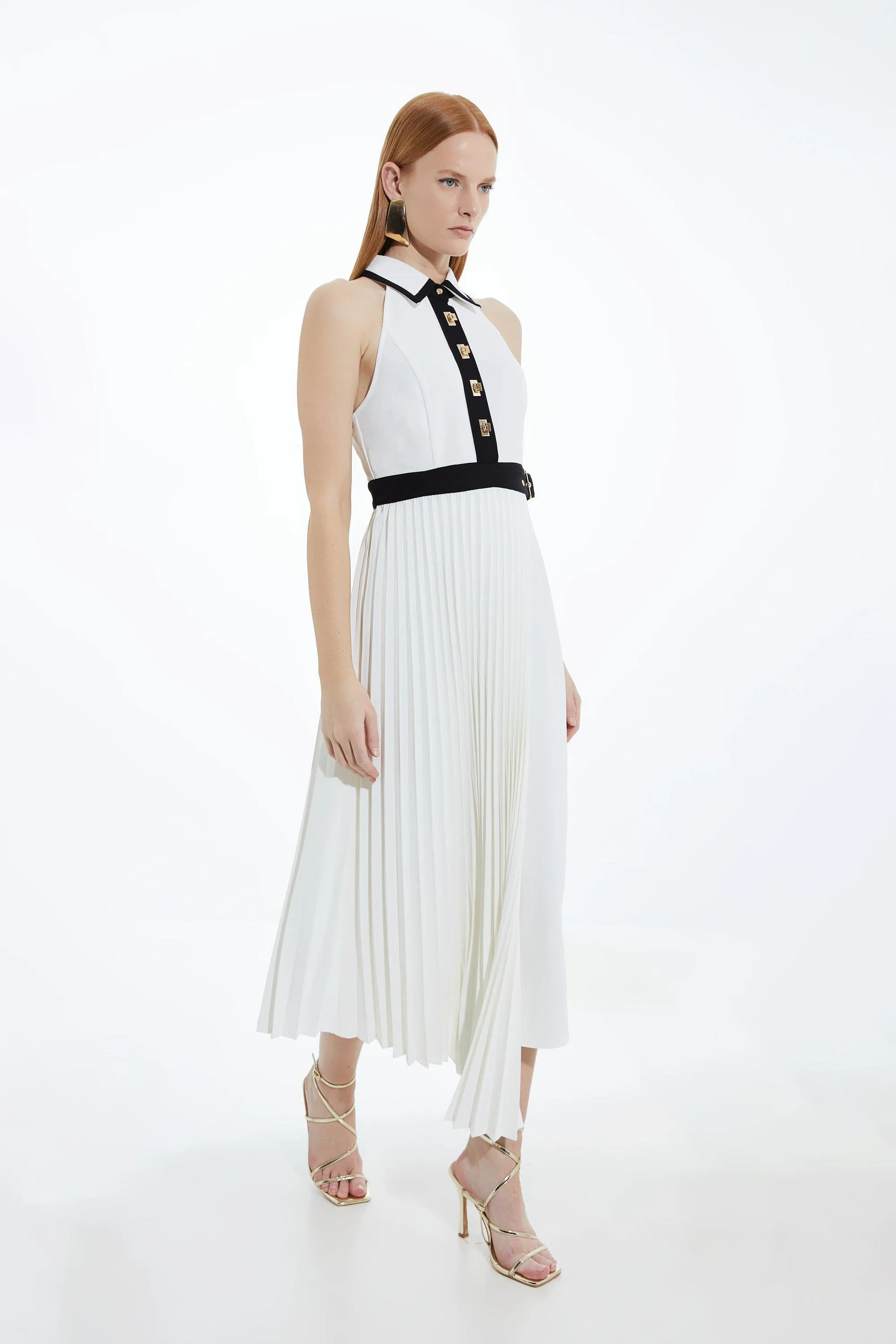 Colour Block Twill Pleat Wrap Skirt Woven Midi Dress | Karen Millen