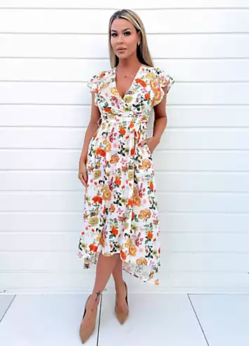 Cream Floral Print Short Sleeve Belted Wrap Midi Dress by AX Paris | Look Again