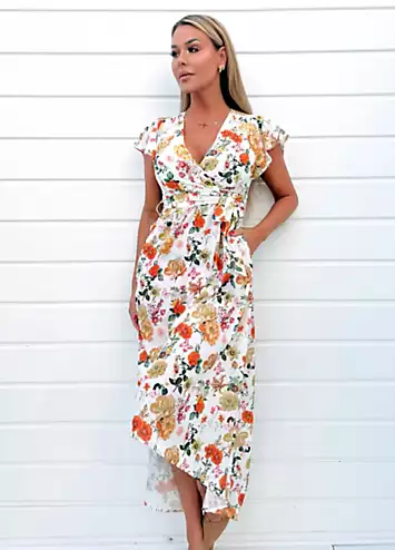 Cream Floral Print Short Sleeve Belted Wrap Midi Dress by AX Paris | Look Again