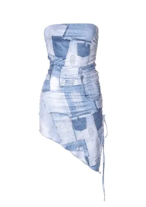 Denim Print One Shoulder Wrap Hip Dress