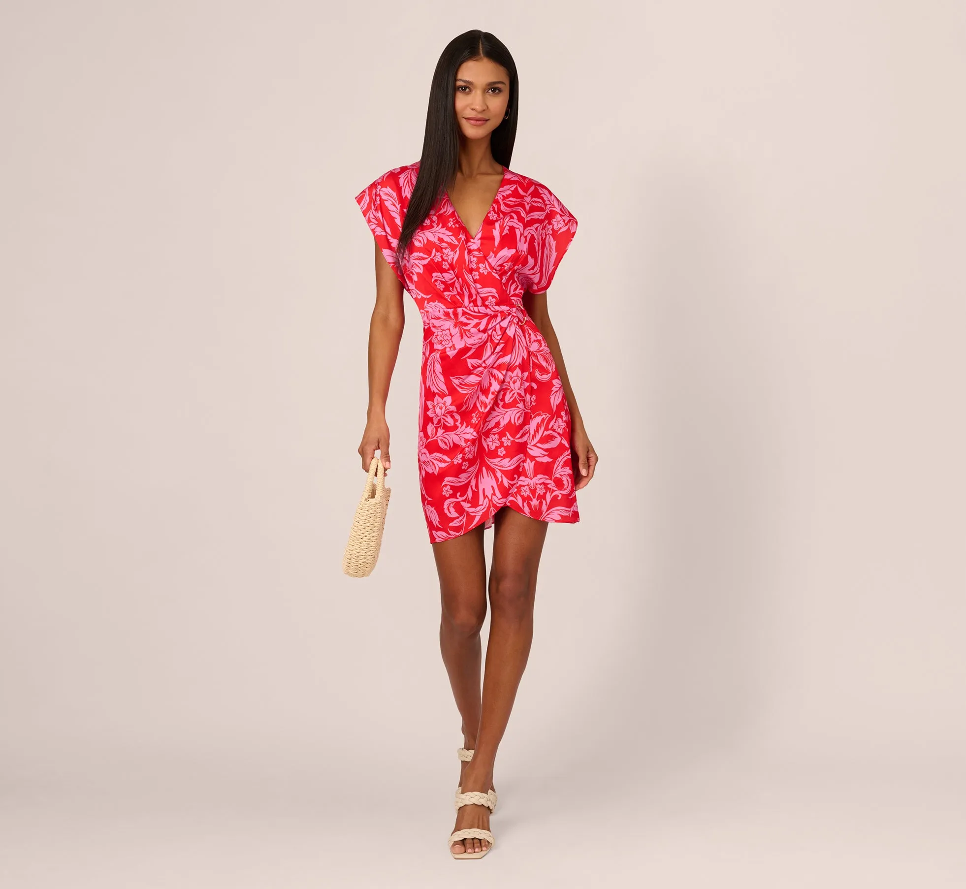 Floral Satin Faux Wrap Dress With Dolman Sleeves In Red Pink