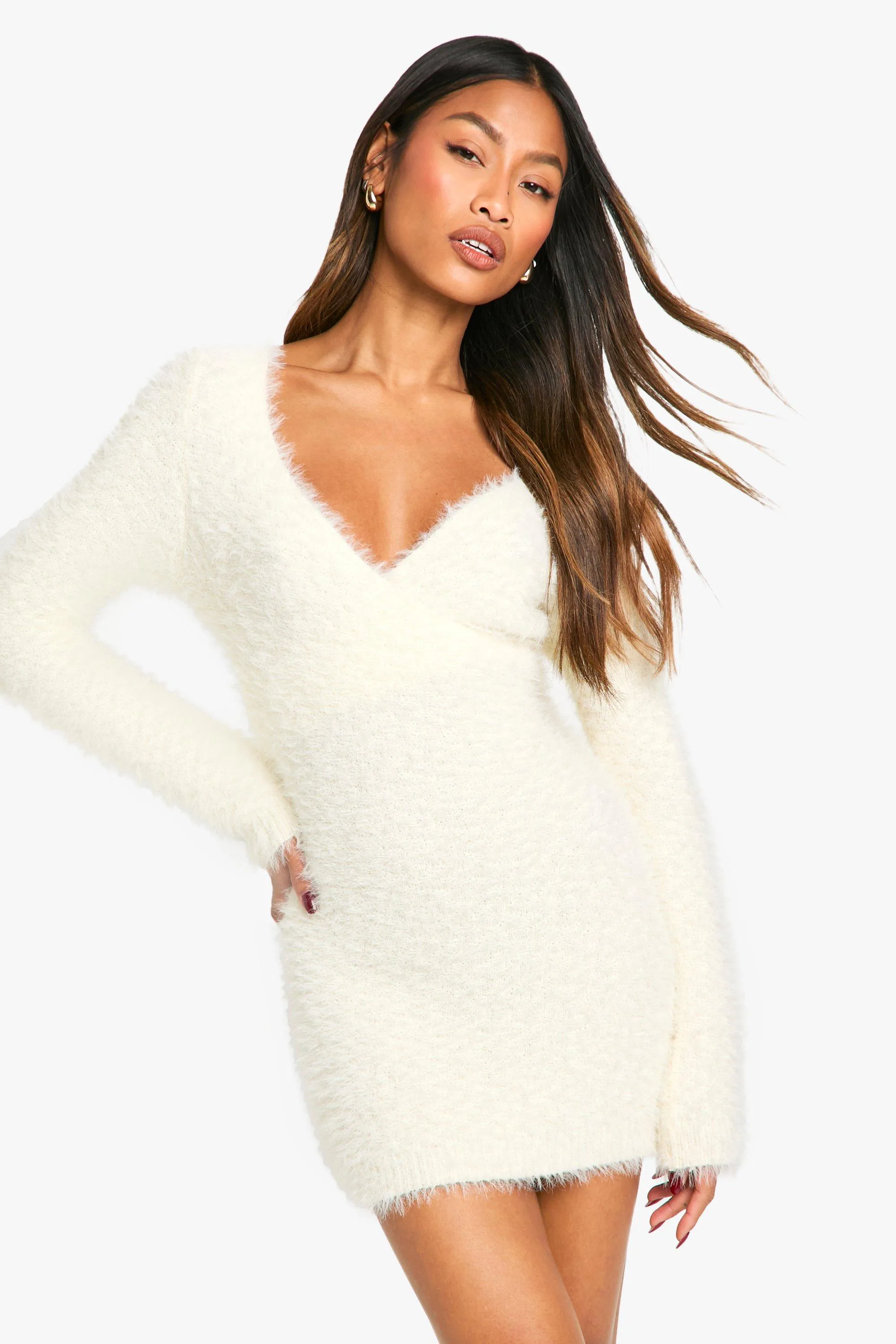 Fluffy Knitted Wrap Detail Mini Dress