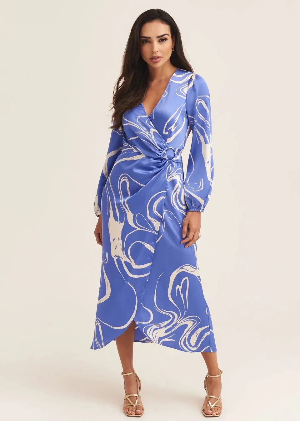 Gini London Blue Swirl Print Ring Detail Wrap Midi Dress