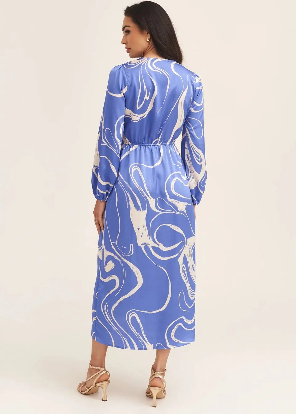 Gini London Blue Swirl Print Ring Detail Wrap Midi Dress