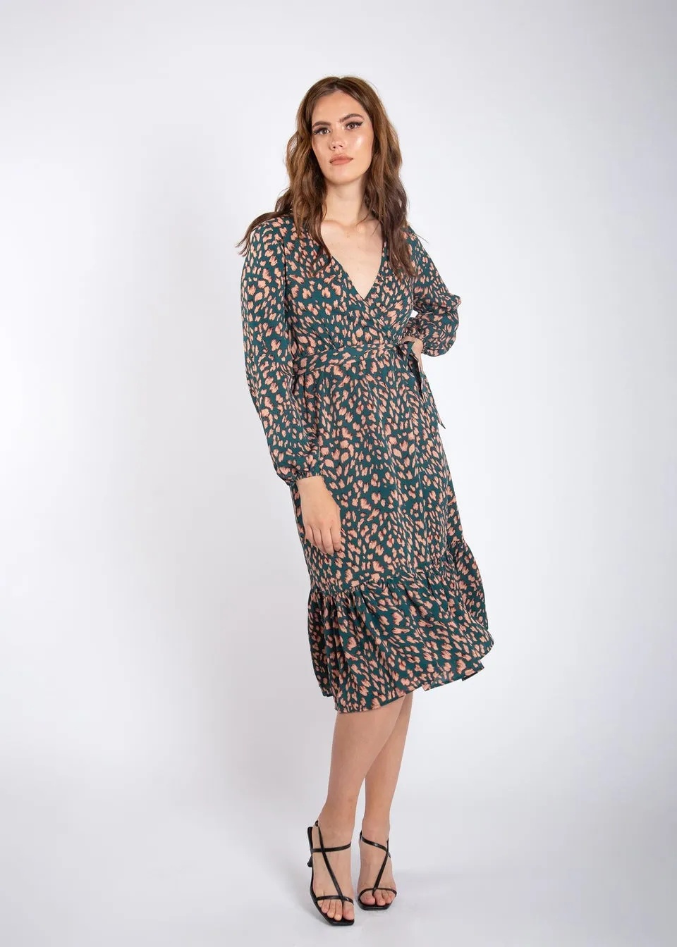 Gini London Green Animal Print Long Sleeve Split Detail Midi Wrap Dress