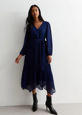 Gini London Navy Pleated Hanky Hem Wrap Midi Dress