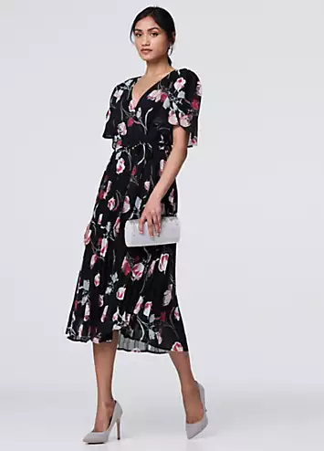 Izabel London Black Floral Sheer Short Sleeve Midi Wrap Dress | Kaleidoscope