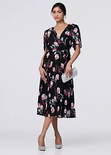 Izabel London Black Floral Sheer Short Sleeve Midi Wrap Dress | Kaleidoscope