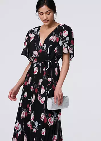 Izabel London Black Floral Sheer Short Sleeve Midi Wrap Dress | Kaleidoscope