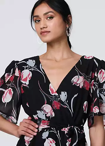 Izabel London Black Floral Sheer Short Sleeve Midi Wrap Dress | Kaleidoscope