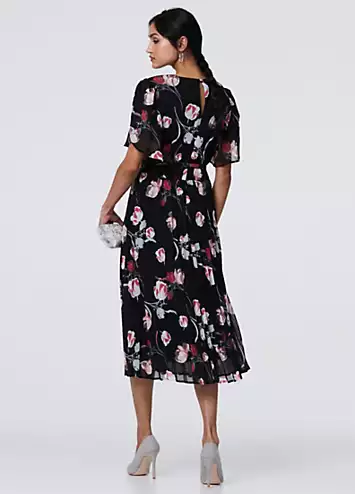 Izabel London Black Floral Sheer Short Sleeve Midi Wrap Dress | Kaleidoscope