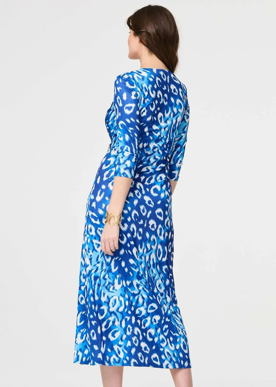 Izabel London Blue Animal Print 3/4 Sleeve Midi Wrap Dress