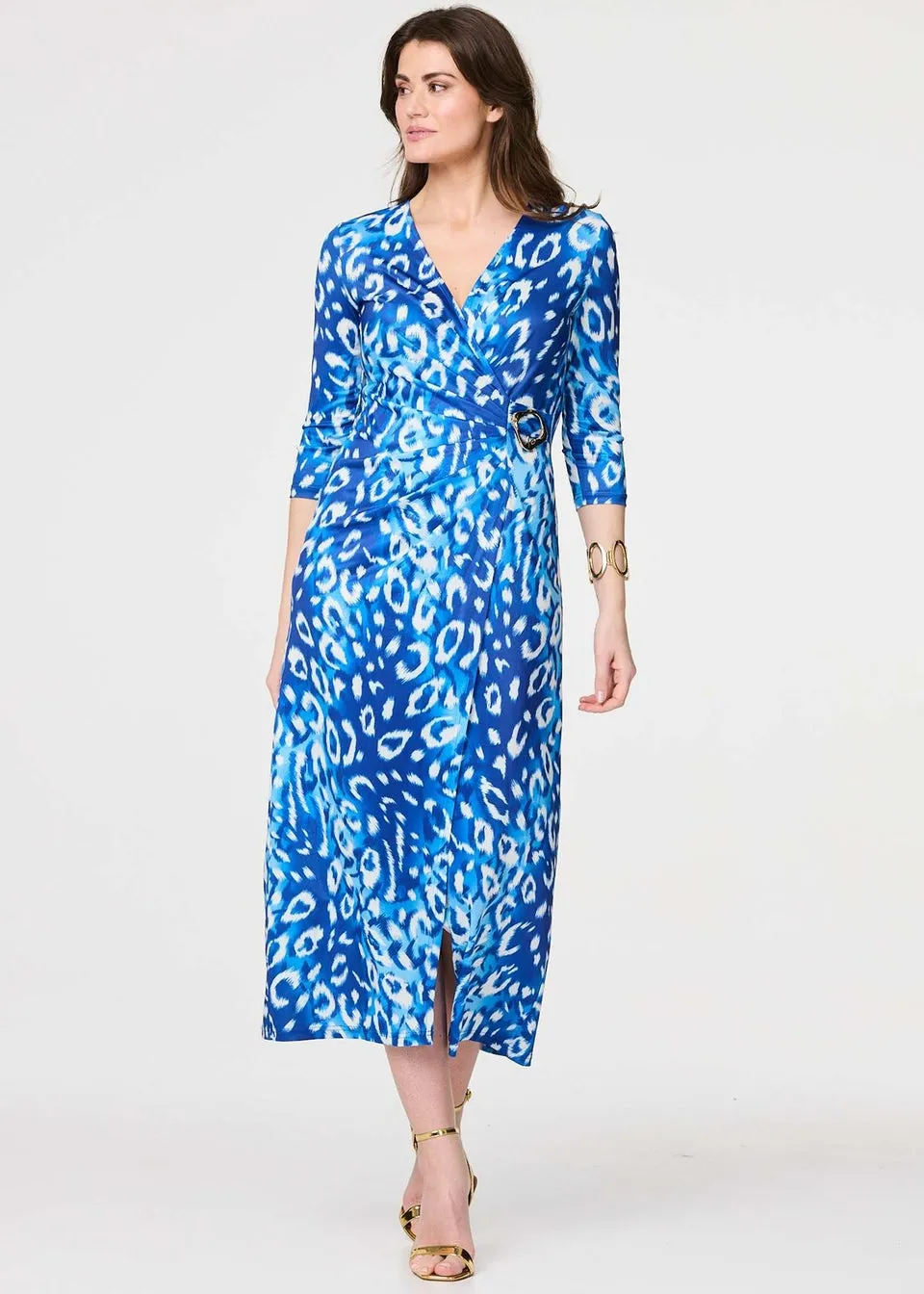 Izabel London Blue Animal Print 3/4 Sleeve Midi Wrap Dress