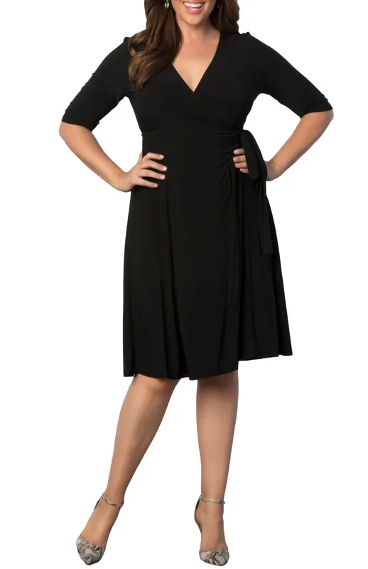 Kiyonna Essential Wrap Dress with 3/4 Sleeves (Plus Size)