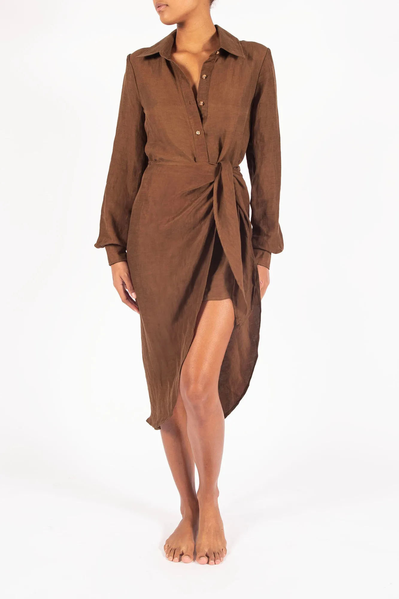 L.A. Button Down Asymmetric Wrap Midi Dress in Cupro Linen Blend