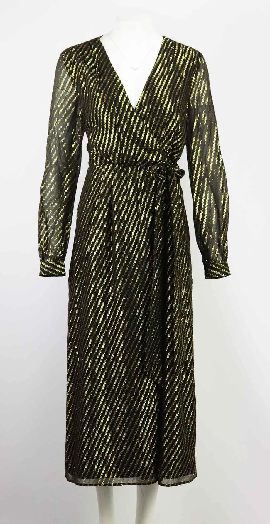 L'ACADEMIE METALLIC WRAP EFFECT STRIPED MIDI DRESS LARGE