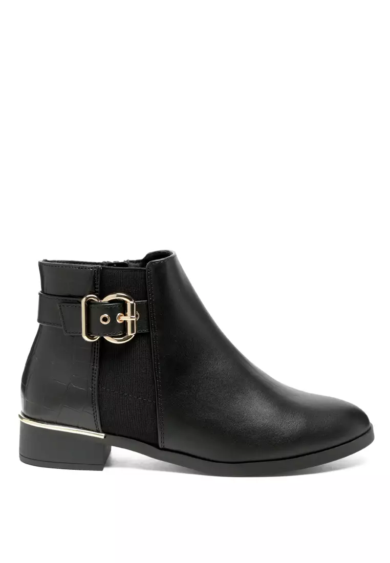 London Rag Buckled Ankle Boot with Croc Detail in Black