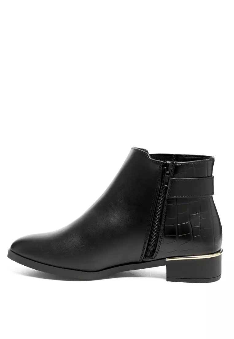 London Rag Buckled Ankle Boot with Croc Detail in Black