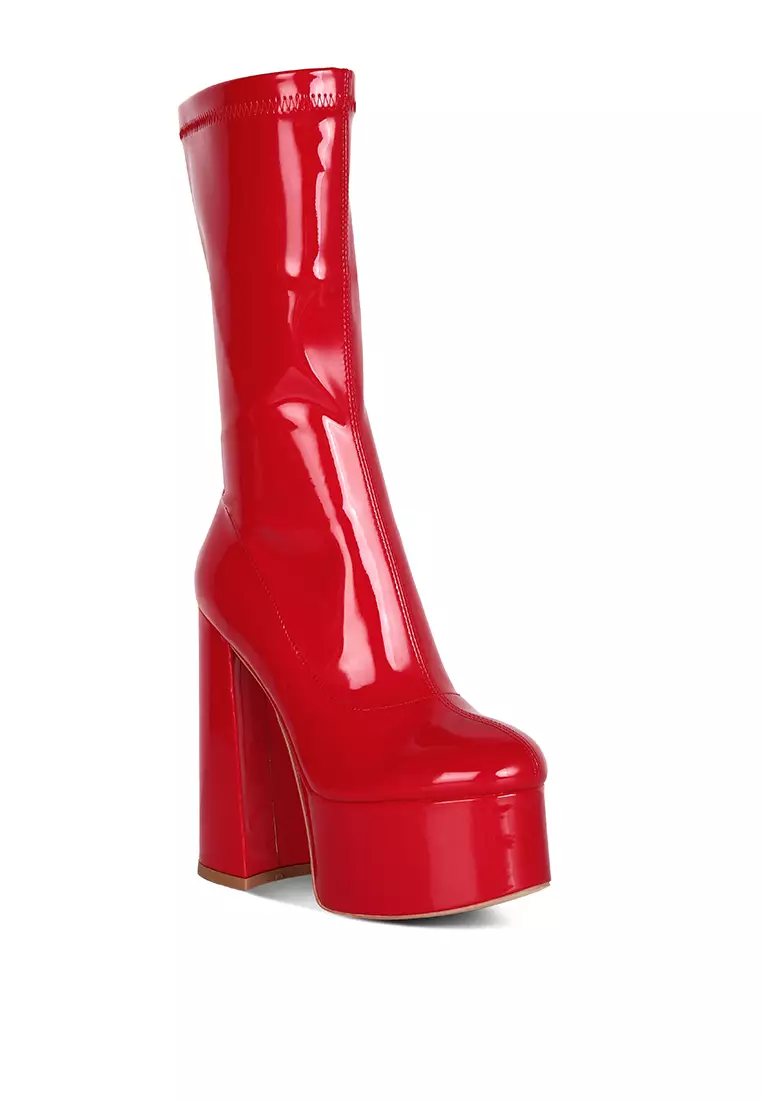 London Rag Red Patent PU High Block Heeled Ankle Boot