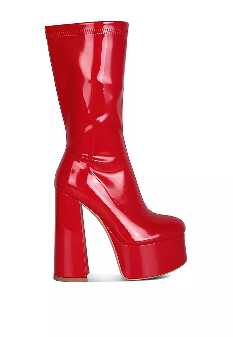 London Rag Red Patent PU High Block Heeled Ankle Boot