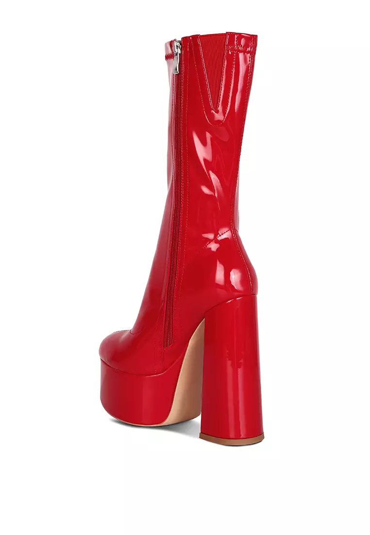 London Rag Red Patent PU High Block Heeled Ankle Boot