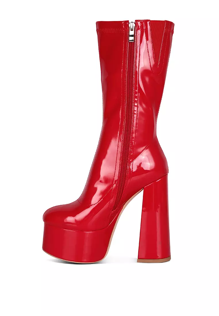 London Rag Red Patent PU High Block Heeled Ankle Boot