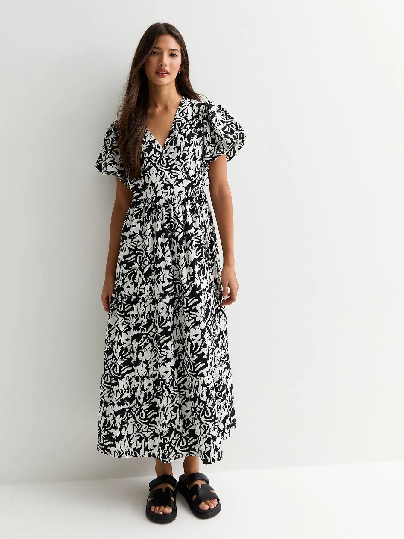 New Look Black Abstract Print Puff Sleeve Wrap Midi Dress