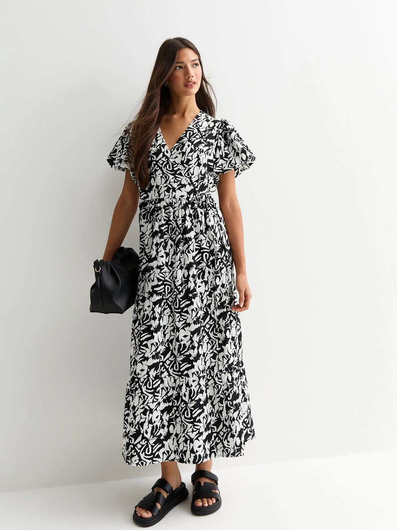 New Look Black Abstract Print Puff Sleeve Wrap Midi Dress