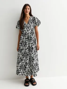 New Look Black Abstract Print Puff Sleeve Wrap Midi Dress