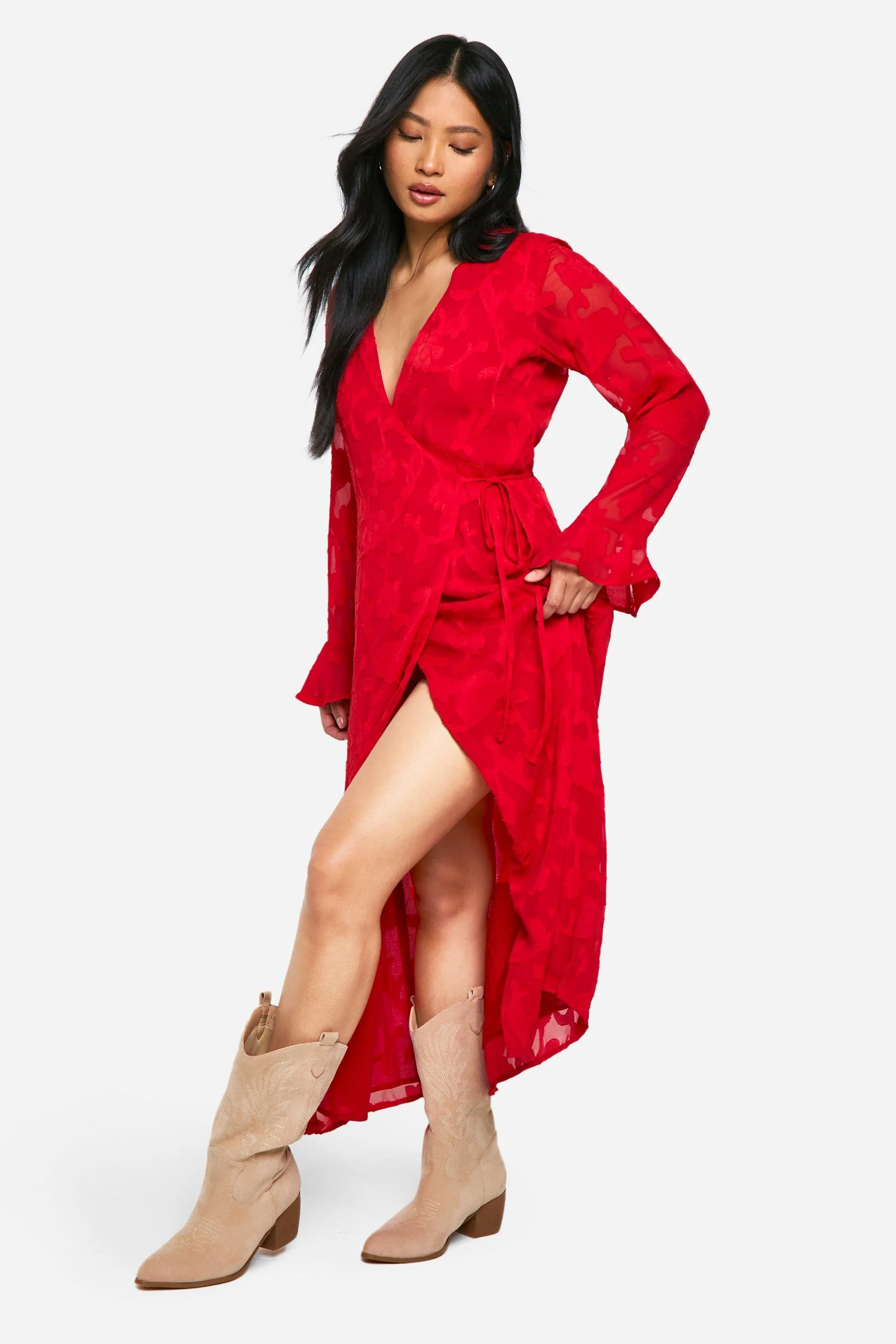 Petite Burnout Floral Ruffle Wrap Dress